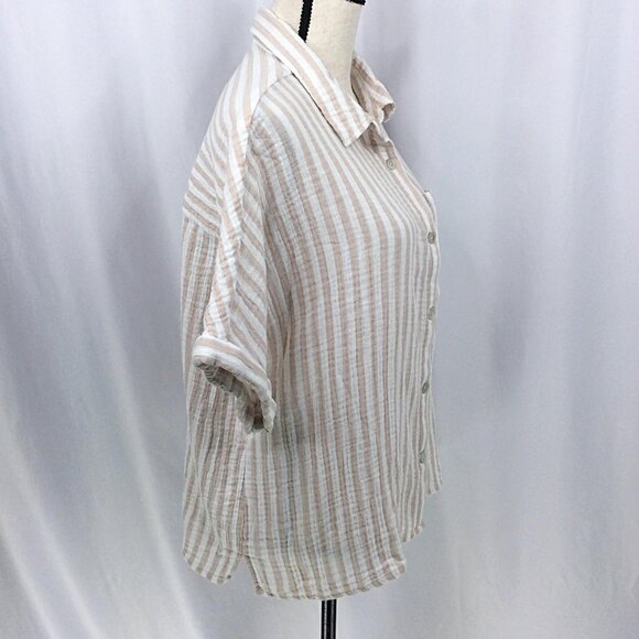 Angels Forever Young Top Womens Size 1X White Beige Striped Muslin Button Down - Picture 2 of 8